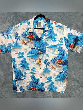 Men’s Hawaiian Shirt Blue Tropical Ocean Current Large Rayon